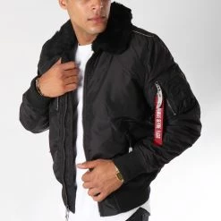 Bon marché ✔️ Bomber Avec Col Mouton Injector III Noir de Alpha Industries 😍