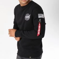 Budget 🧨 Sweat Crewneck Avec Poche Bomber Nasa Space Shuttle Noir de Alpha Industries 😉