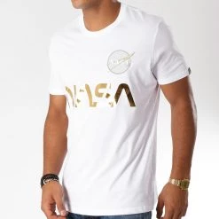 Meilleure vente 🌟 Tee 👕 Shirt Nasa Reflective Blanc Doré de Alpha Industries 🔥