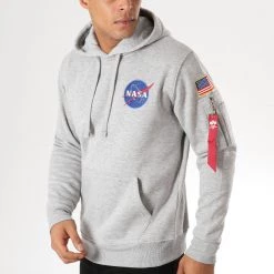 Promo 🤩 Sweat Capuche Avec Poche Bomber Nasa Space Shuttle Gris Chiné de Alpha Industries 🔔