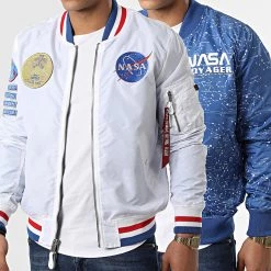 Promo 😉 Veste Bomber Réversible Voyager 116105 Blanc Bleu de Alpha Industries 😍