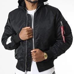 De gros 🛒 Veste Bomber Capuche MA-1 ZHP 118101 Noir de Alpha Industries 😀