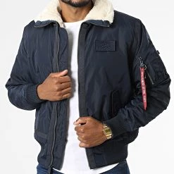 Le moins cher 😍 Veste Bomber Col Fourrure B15-3 TT 198122 Bleu Marine de Alpha Industries 👏
