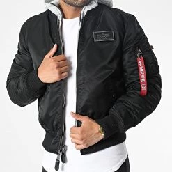 Coupon ⭐ Veste Bomber Capuche MA-1 D-Tec 183110 Noir Gris Chiné de Alpha Industries 👍